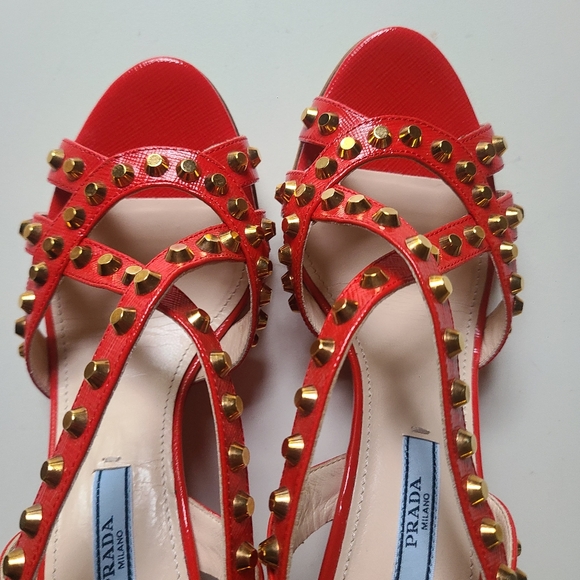 PRADA Red Patent Leather Gold Studded Strappy Wedge Sandal 36.5 - Picture 7 of 7